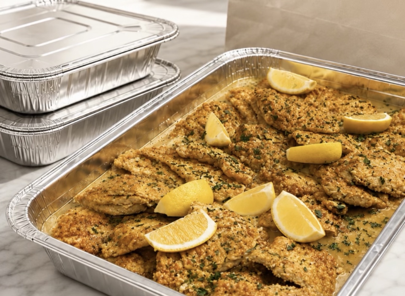 Chicken family dinner tray with lemon and sauce